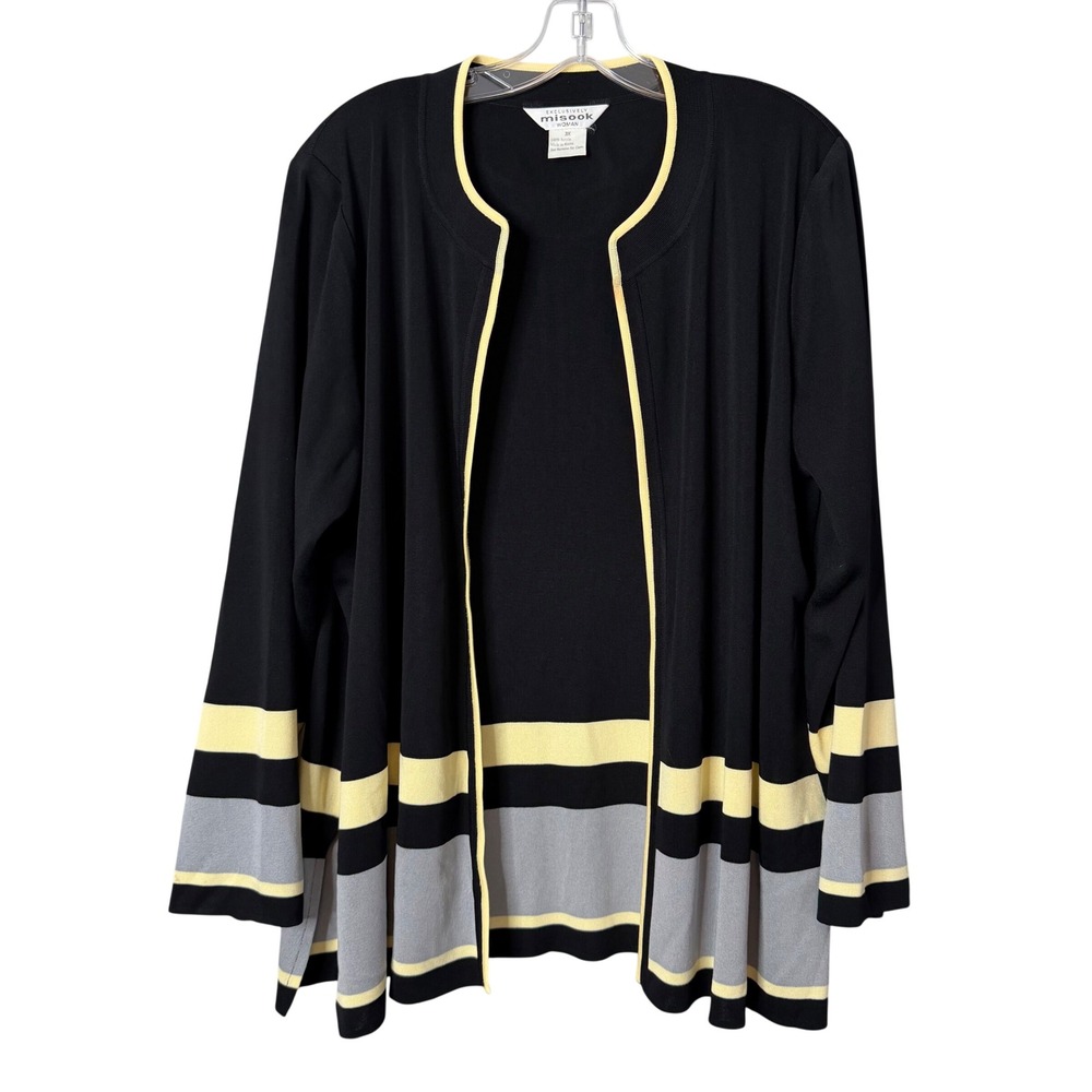 Misook Cardigan Woman 3X Black Yellow Colorblock Open Front Knit Jacket Office
